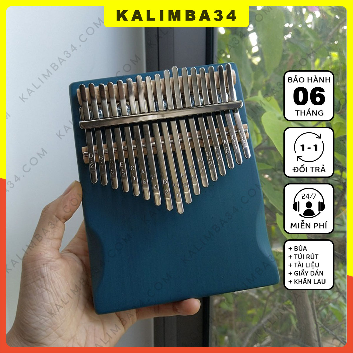 Đàn Kalimba màu xanh blue 17 phím nguyên khối âm hay không tịt đầy đủ phụ kiện