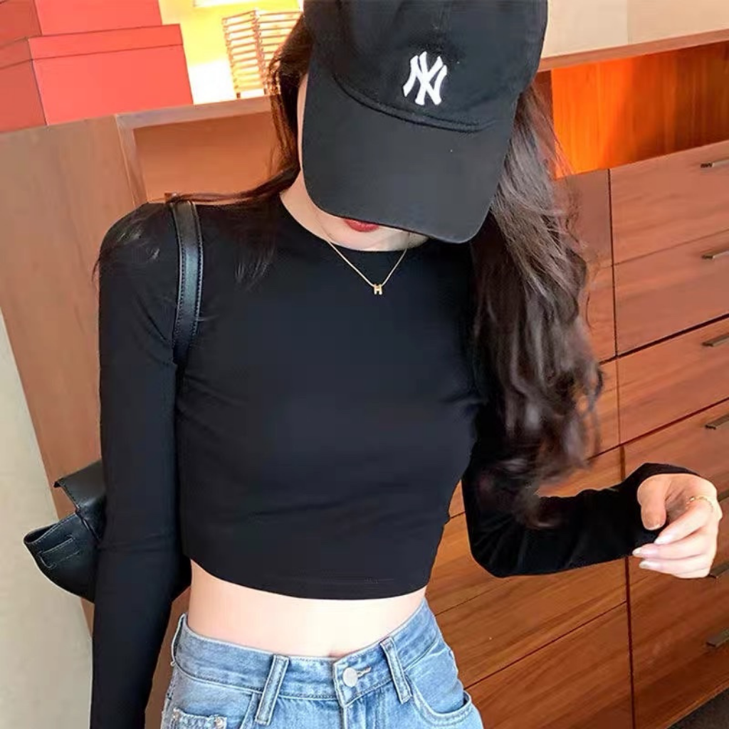 Áo croptop cổ tròn dài tay chất thun co giãn