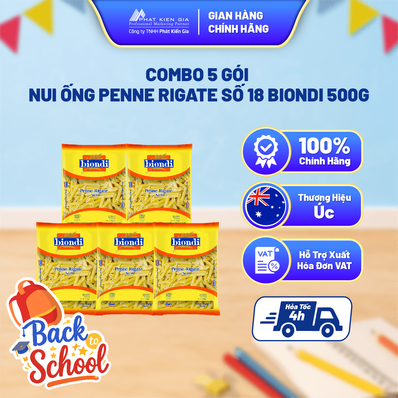 COMBO 5 Gói Nui Ống Penne Rigate Số 18 Biondi 500g | Biondi Penne Rigate No.18 500g