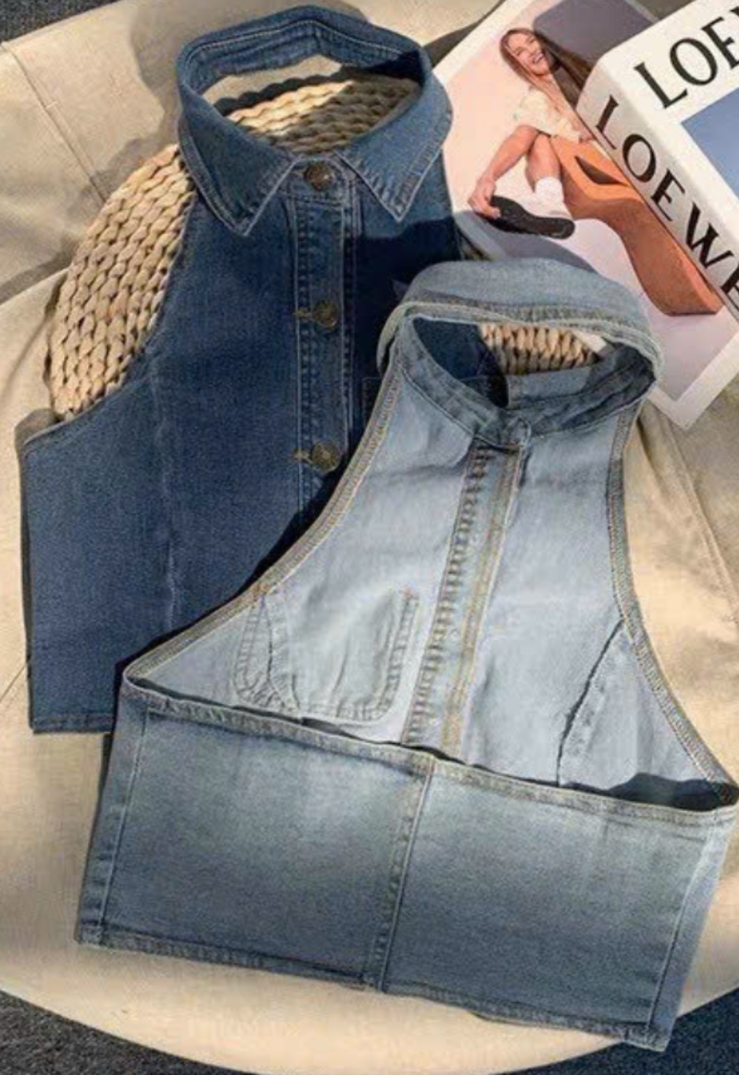 Áo croptop 3 lỗ cổ bẻ hở lưng cài nút chất vải Jeans Size dưới 53kg SIÊU HÓT