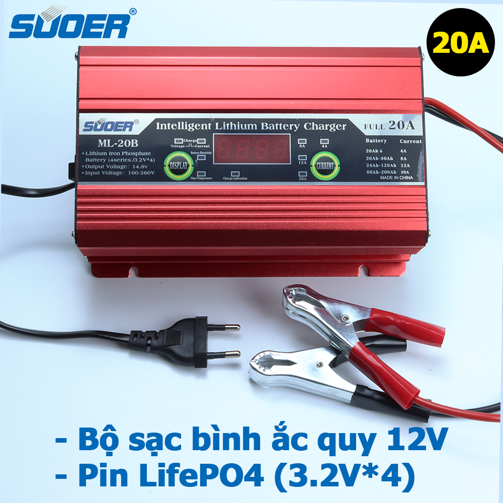 Bộ sạc pin sắt bình ắc quy thông minh suoer ml-20b 20a cho ắc quy axít chì 12v pin lifepo4 4s 12.8v 14.6v