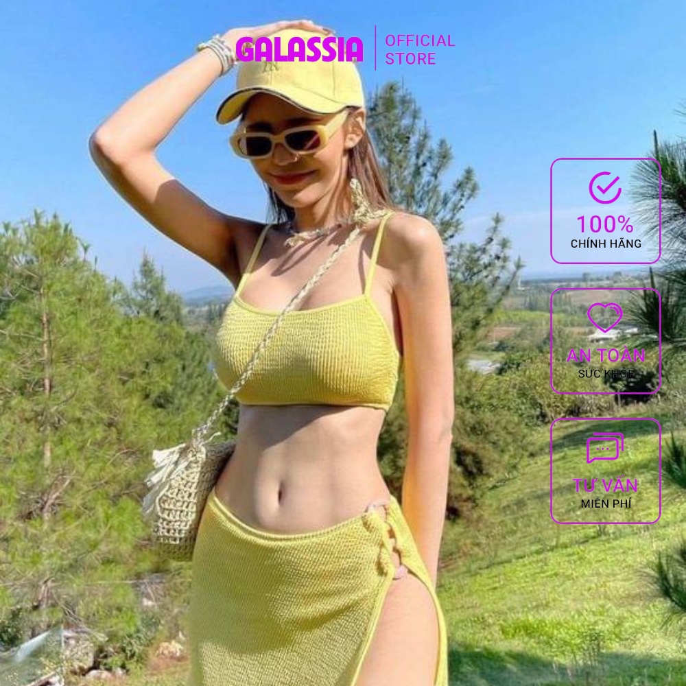 Bikini đi biển 3 mảnh áo 2 dây kèm chân váy ngắn xẻ đùi GALASSIA