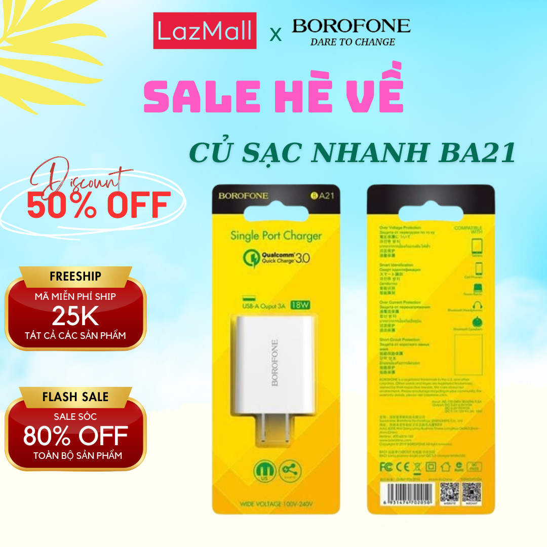 Củ sạc điện thoại borofone ba21 2a, hỗ trợ sạc nhanh 18w an toàn không nóng máy