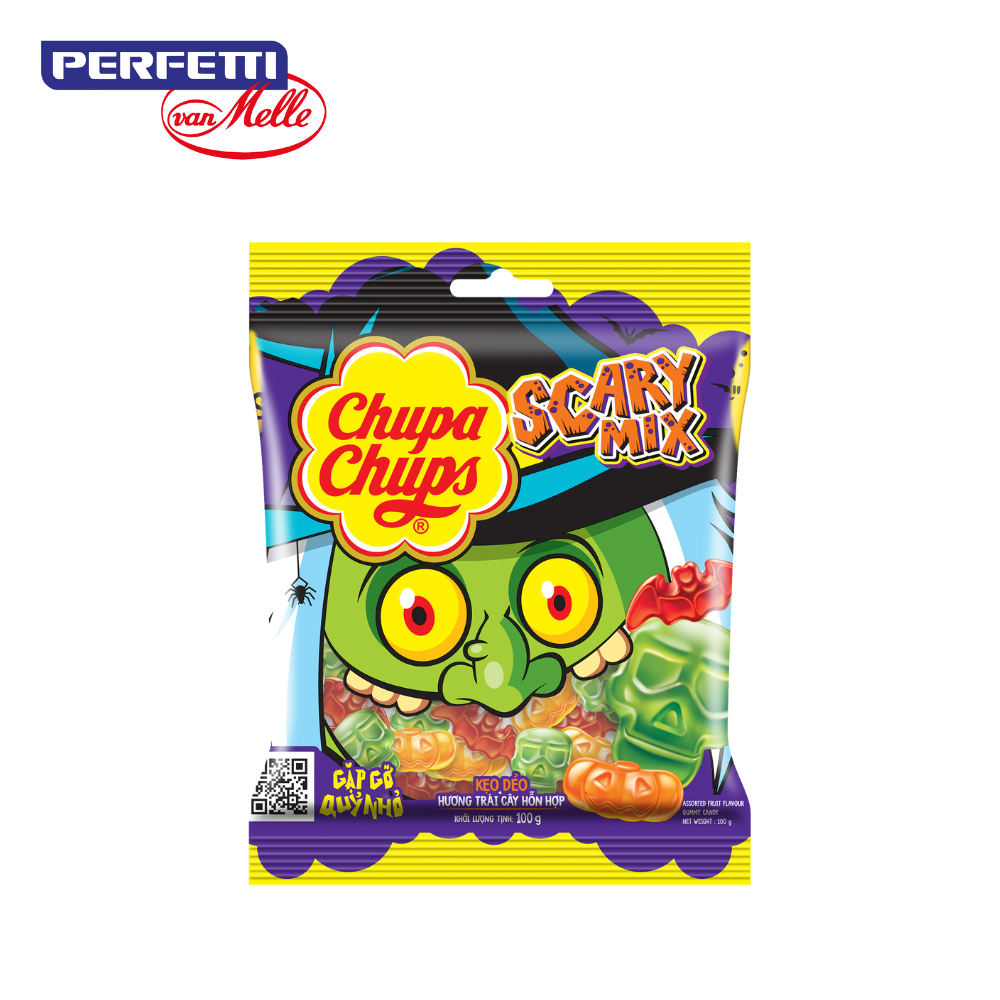 Kẹo dẻo Halloween hương trái cây hỗn hợp Chupa Chups hình dáng đầu lâu, trái bí, dơi