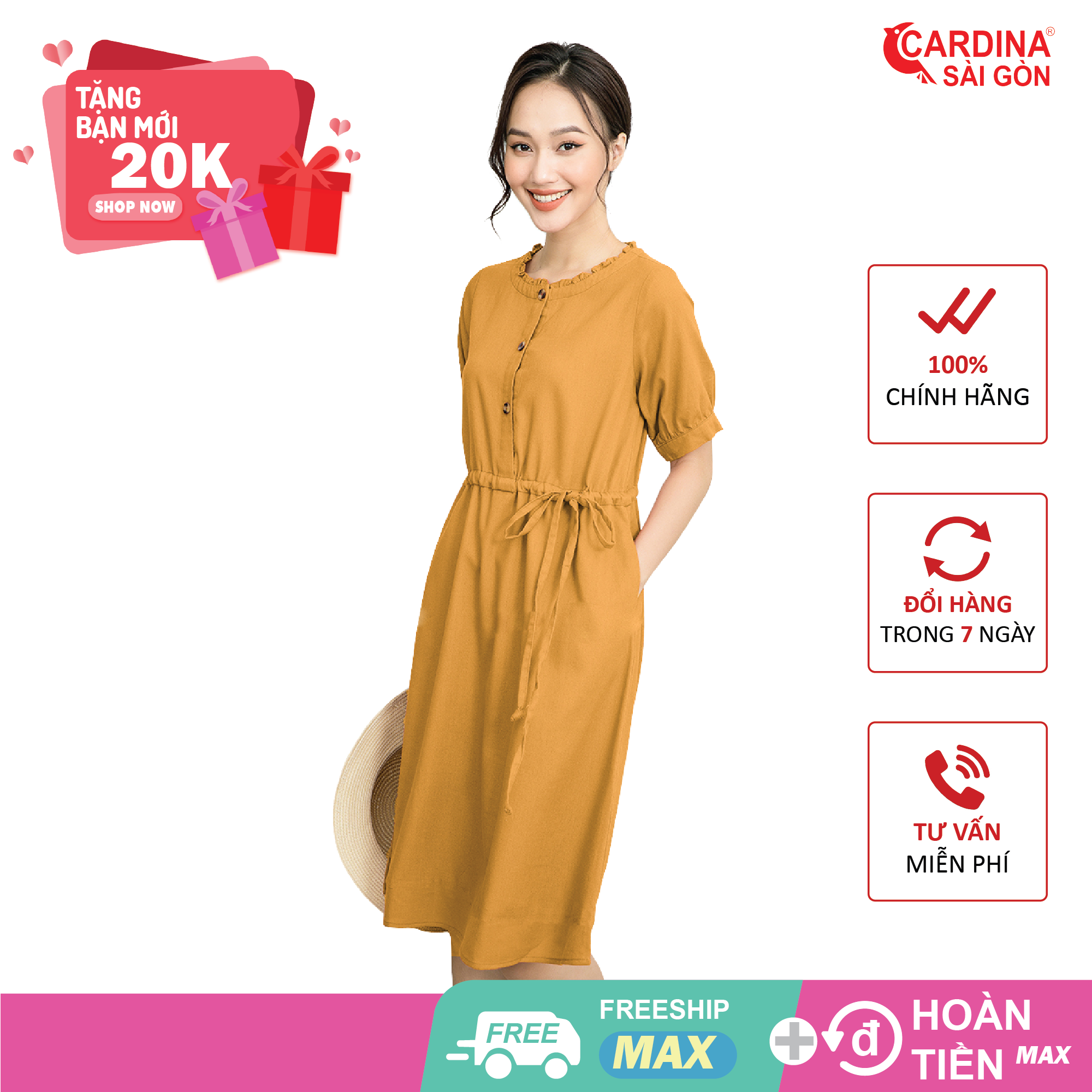 Đầm nữ dài qua gối Cardina Sài Gòn chất liệu linen cao cấp  tay lỡ cổ bèo tròn đai eo nhẹ nhàng mã Li04