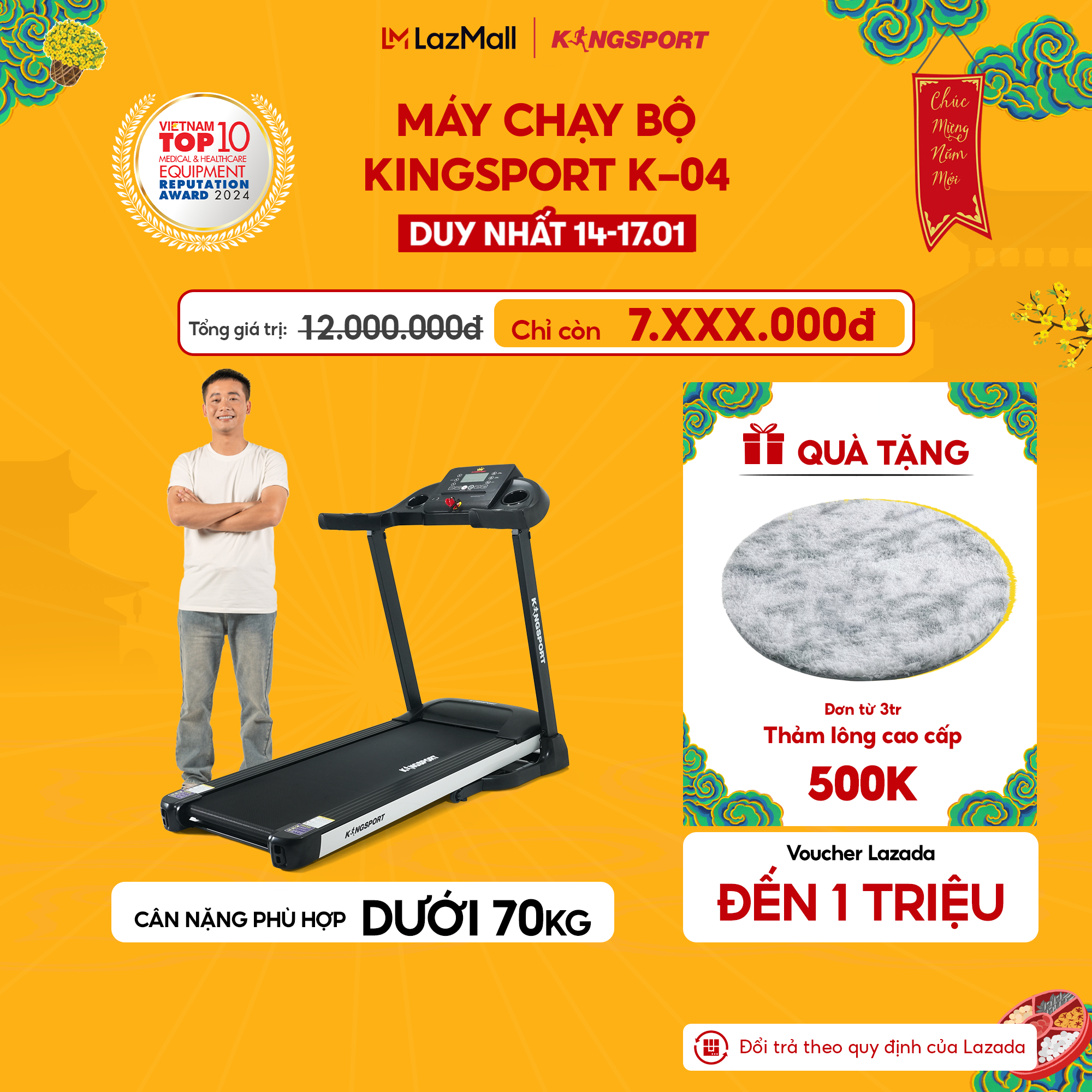 CHỈ GIAO MIỀN BẮC| Máy chạy bộ KINGSPORT Plus K-04 đơn năng,thảm chạy rộng chống trơn, thiết kế nhỏ gọn, cân nặng phù hợp từ dưới 70kg