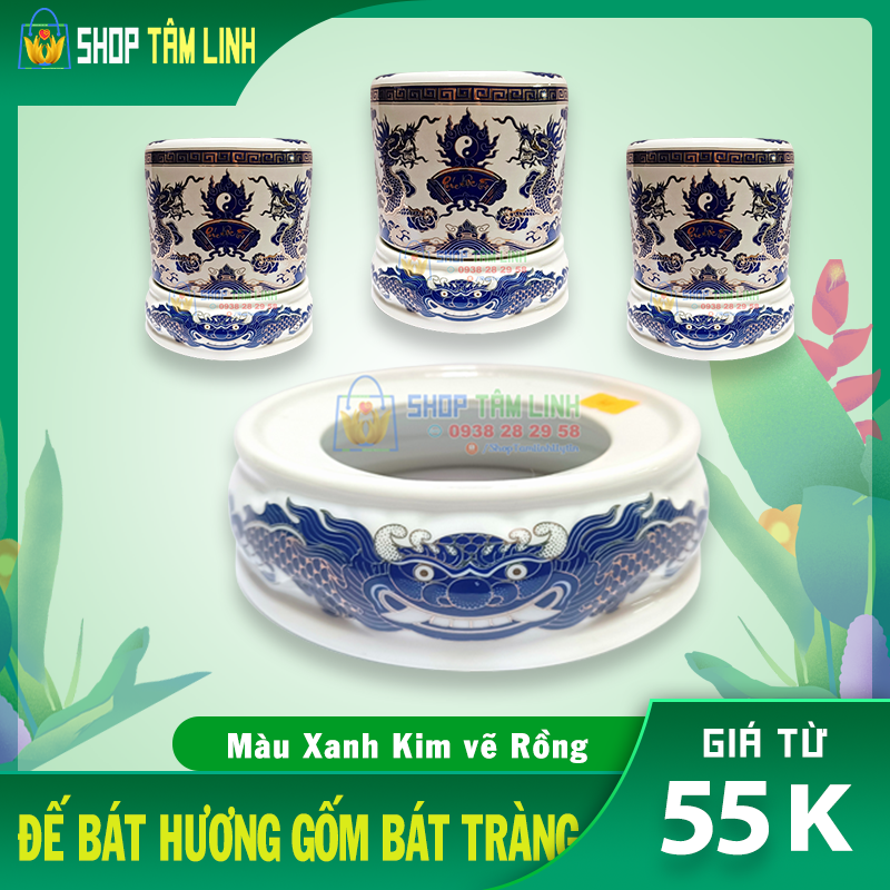 Đế bát hương đồ thờ cúng gốm sứ Bát Tràng men xanh kim vẽ vàng shoptamlinh