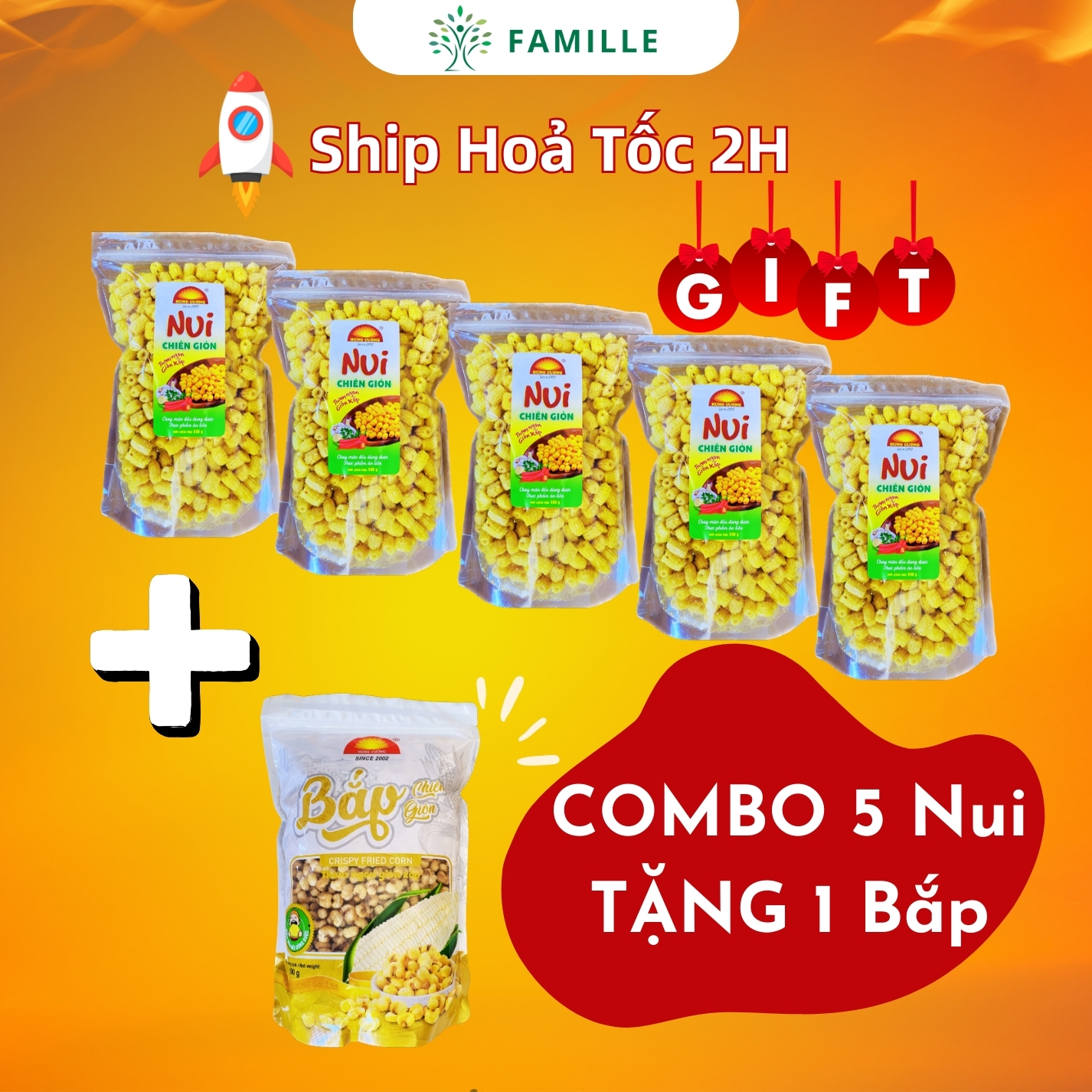 Combo 5 Nui Chiên Giòn 500g Tặng 1 Bắp Chiên Giòn | Ăn Chay Được | Đồ Ăn Vặt | Nui Chiên | Nui Chiên Hùng Cường | Nui Sấy | Nui | Đồ Khô |