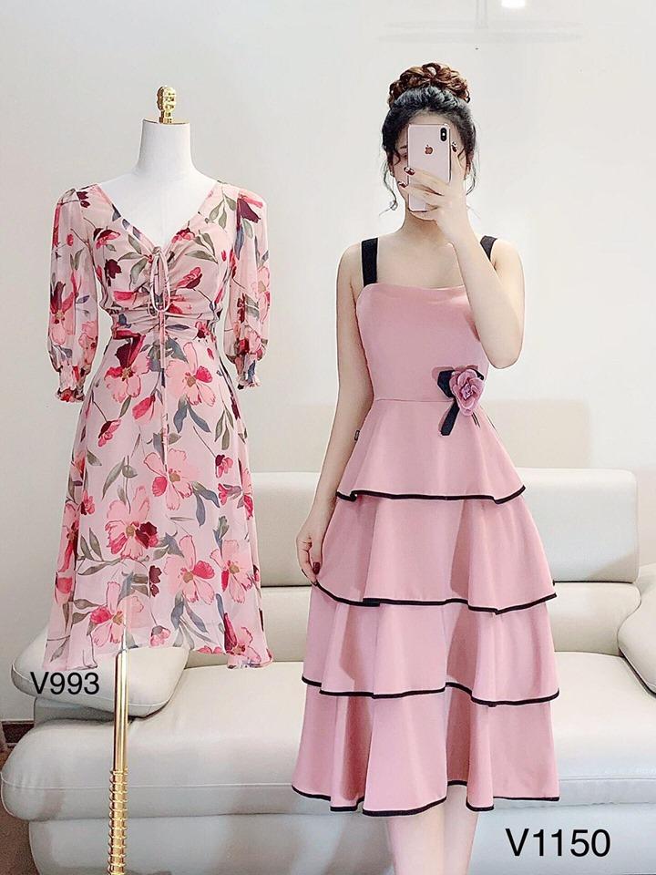 Đầm Nữ Hai Dây Đính Hoa sếp Tầng Dễ Thương Thời Trang SUNI
