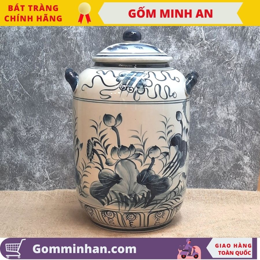 Hũ đựng gạo gốm sứ bát tràng vẽ cảnh cá chép sen phú quý đựng 25kg gạo hoặc 30lit