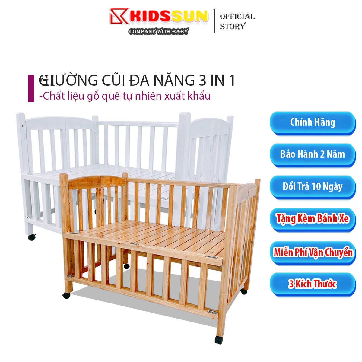 Cũi Cho Bé KIDSSUN Cũi Gỗ Cho Trẻ Em Chất Liệu Gỗ Quế Hàng Xuất Khẩu Bảo Hành 6 Tháng Tặng Kèm Bánh Xe