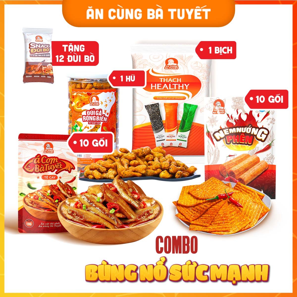 Combo BÙNG NỔ SỨC MẠNH : 10 gói Cá Cơm Bà Tuyết + 10 gói Nem Nướng Phên + 1 hũ Đùi Gà Rong Biển + 1 bịch Thạch