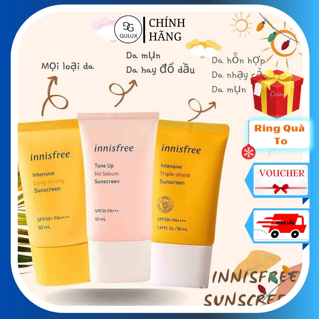 [Nhập RS0822 giảm 30k cho đơn 99k][KÈM QUÀ TẶNG] Kem chống nắng Innisfree SPF 50+ PA Kem chống nắng nâng tone lâu trôi Innisfree các loại