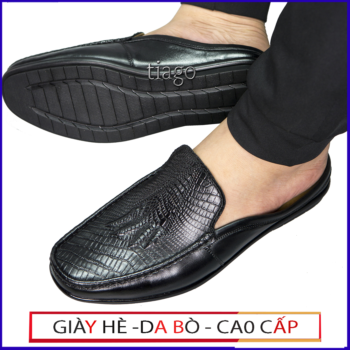 giày nam sục da bò dập vân cá sấu đế cao su khâu-Bảo hành 1 năm