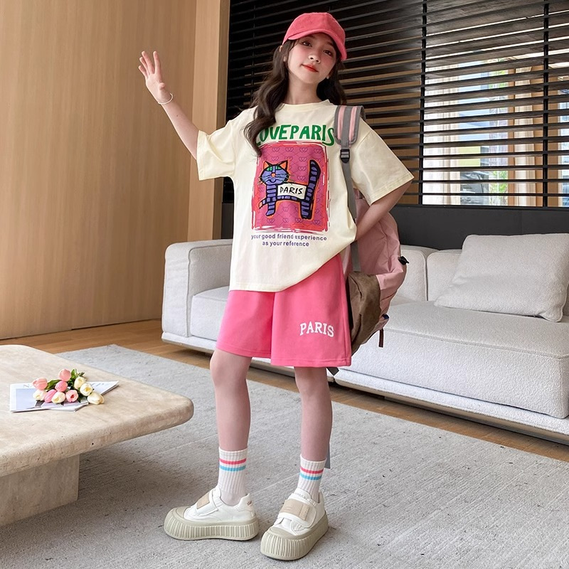   18kg-50kg Bộ đồ đồ bộ cộc tay cho bé gái mùa hè quần áo mùa hè cho bé gái mẫu Paris size 18-50kg chất liệu cotton thoáng mát 