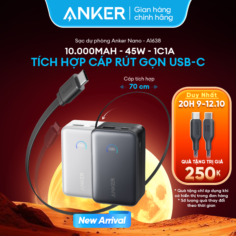 [Nano] Sạc dự phòng Anker Nano 10.000mAh | Công suất 45W | 2 cổng 1C1A | Tích hợp cáp USB-C rút gọn | Sạc được 3 thiết bị cùng lúc | Siêu nhỏ gọn | sạc nhanh công nghệ PD, ActiveShield3.0 - A1638