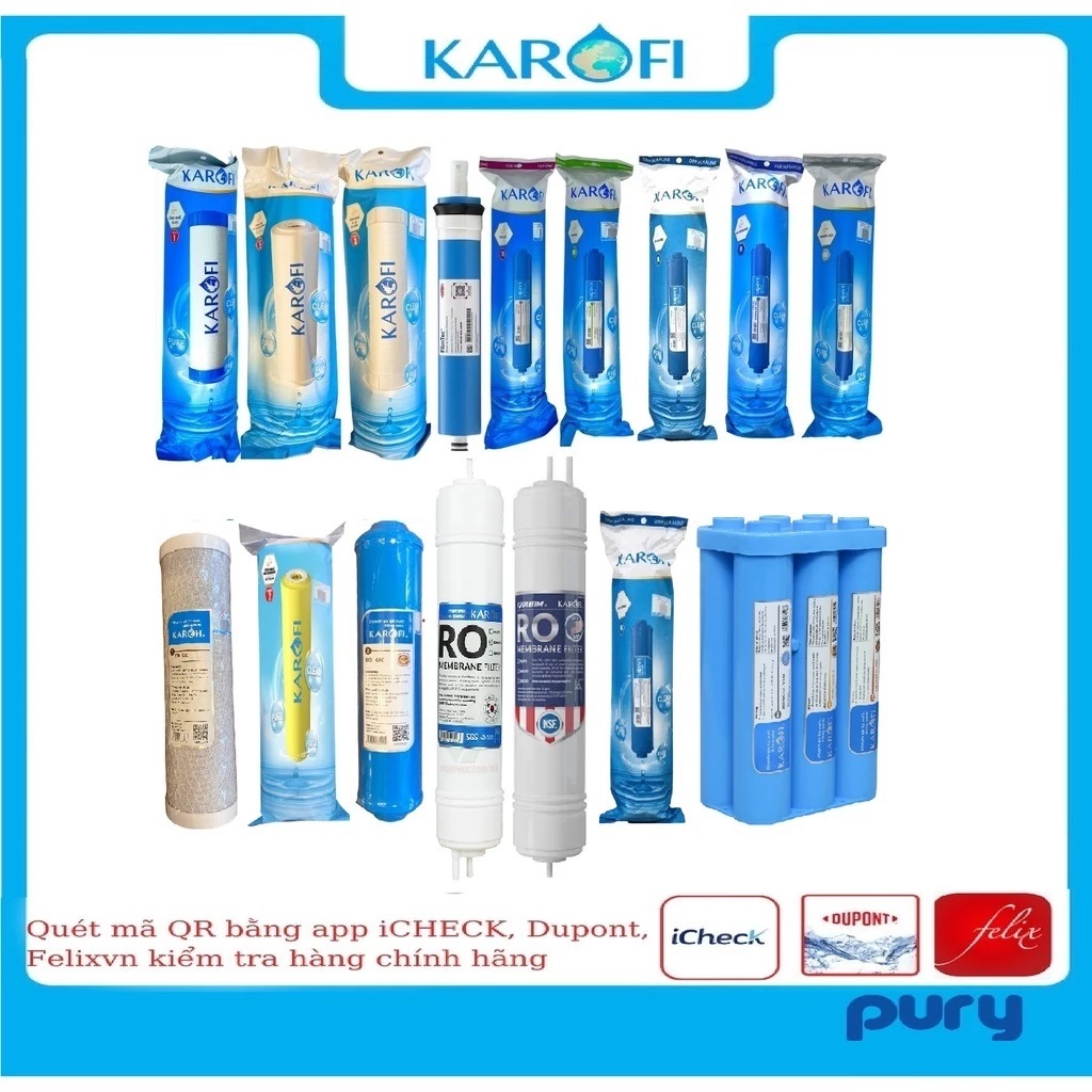 Toàn bộ lõi lọc nước Karofi chính hãng - lõi lọc thô 123, màng RO Dupont, RO Hàn Quốc, RO Purifim USA, T33, Mineral, Hồng ngoại xa, Alkaline, Hydrogen, Nano, Smax hiệu suất cao 6.1, Smax hiệu suất cao 6.2