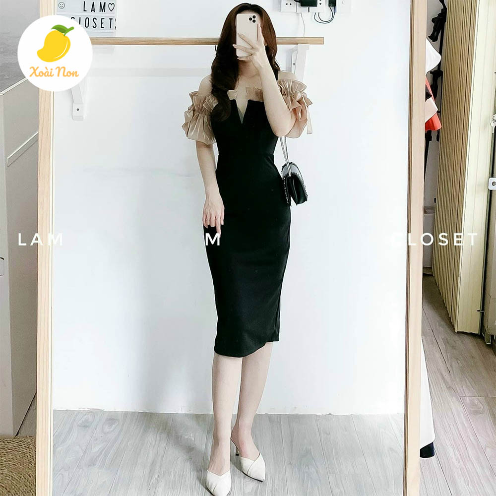 Xoài Non Đầm váy đen trễ vai tay ngăn 2 màu ( trắng, vàng ) siêu xinh tôn dáng cho nàng, thời trang nữ dạo phố dự tiệc