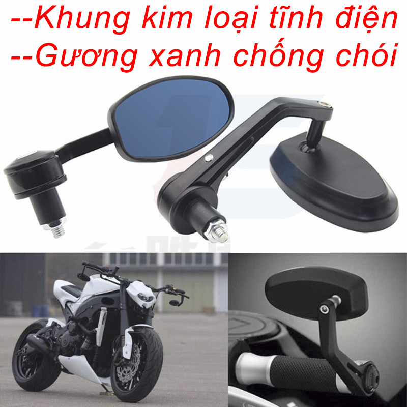 Bộ 2 Gương Gù Chiếu Hậu Xe Máy Kính Xanh Chống Chói Loại hàng tốt 550g hình oval với chất liệu kim loại tĩnh điện