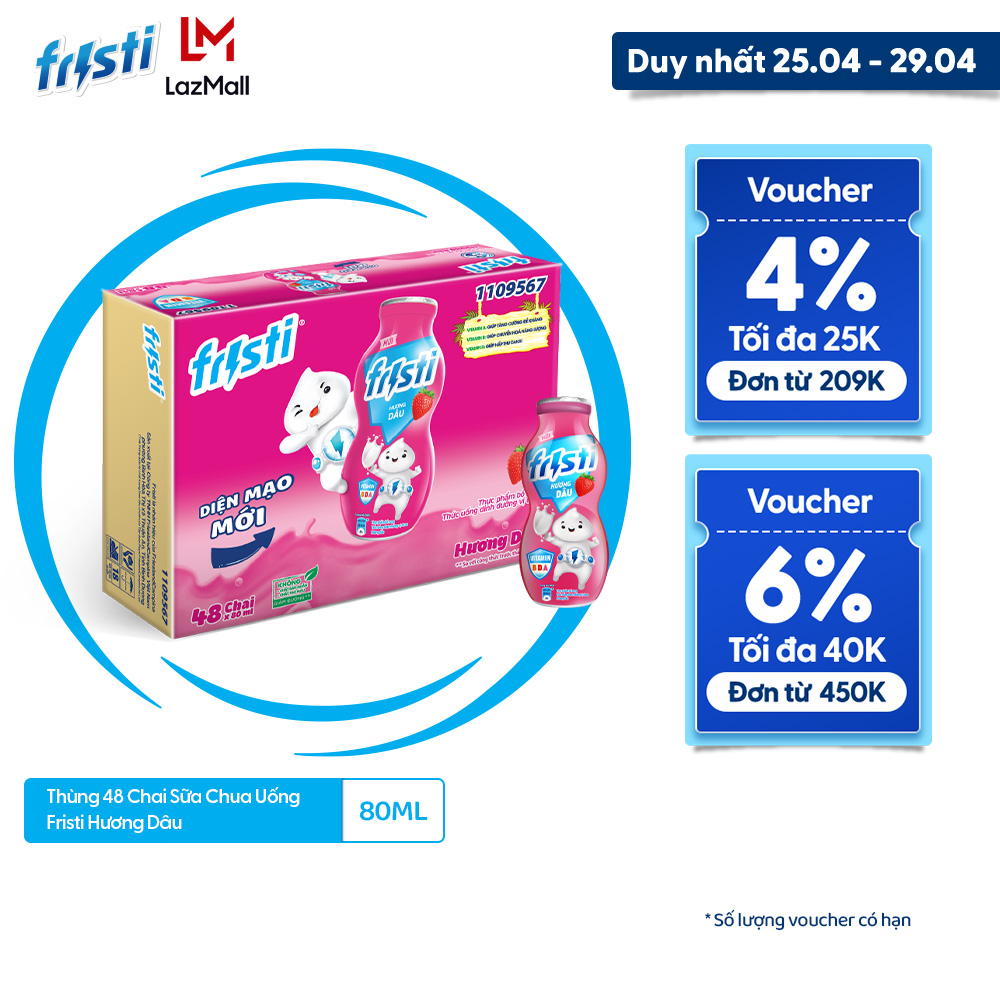 [25 - 29/4 VOUCHER ĐẾN 1 TRIỆU] Thùng 48 Chai Sữa Chua Uống Fristi Hương Dâu 80ml (48x80ml)