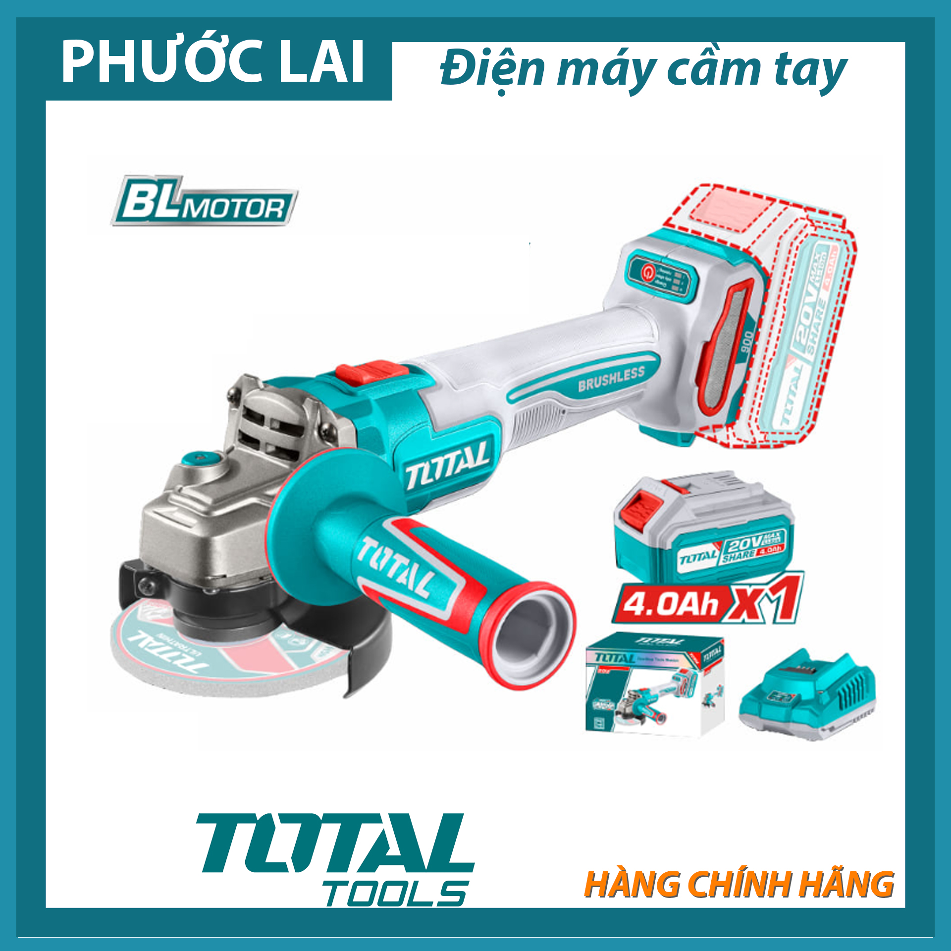  Máy mài góc không chổi than dùng pin 20V Total TAGLI261021 