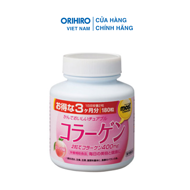 Viên Nhai Orihiro Vị Đào 180 Viên Bổ Sung Collagen Giúp Da Săn Chắc, Đàn Hồi, Chống Lão Hoá