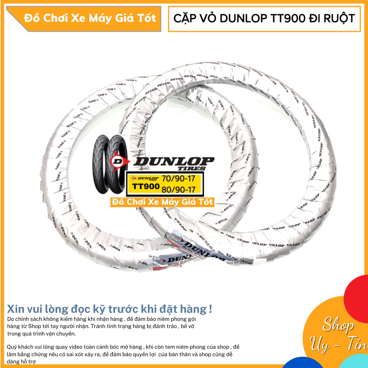 Cặp vỏ dunlop tt900 chữ vàng size 70/90-17 và 80/90-17 có ruột