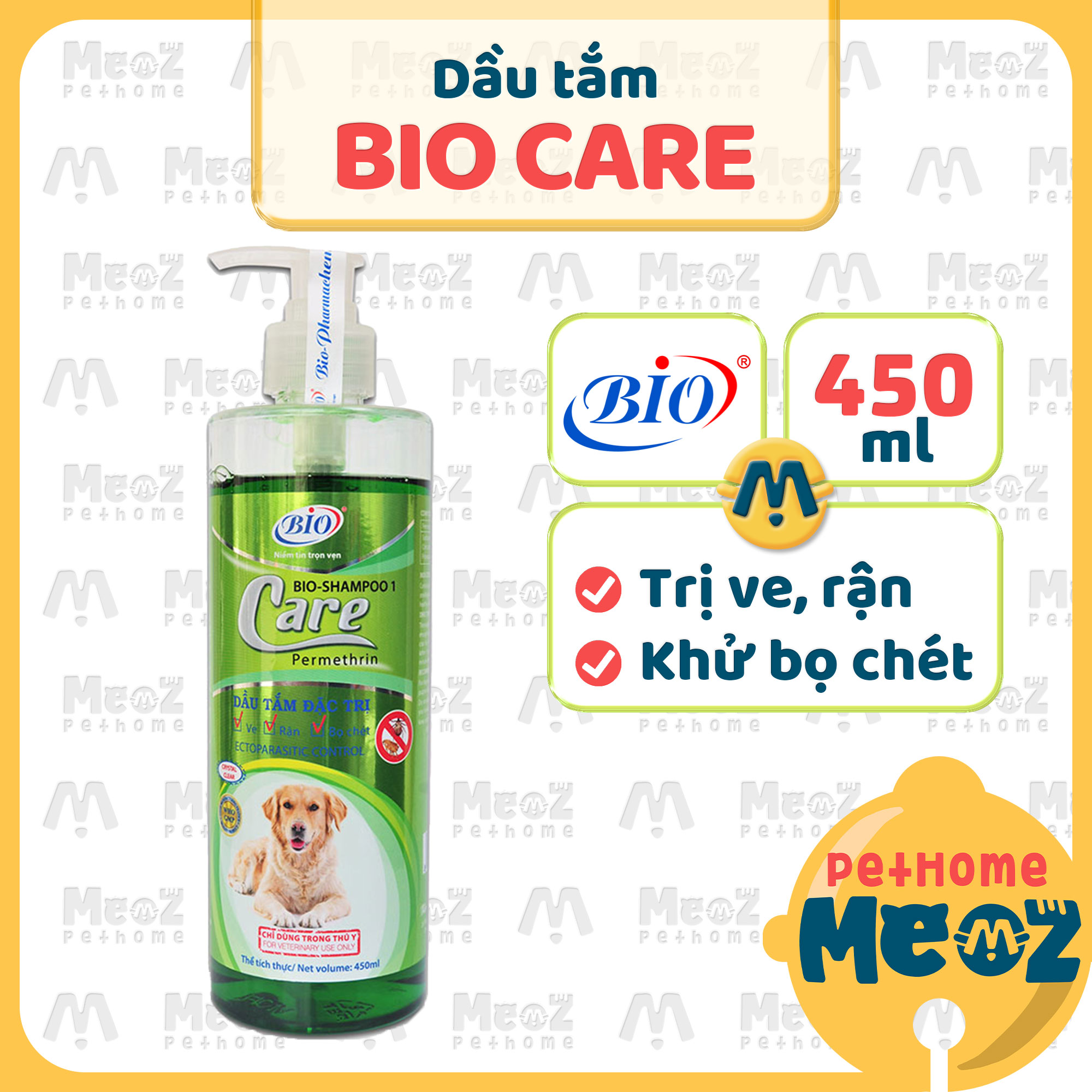 Sữa tắm bio care diệt ve rận, bọ chét, khử mùi chó mèo 450ml