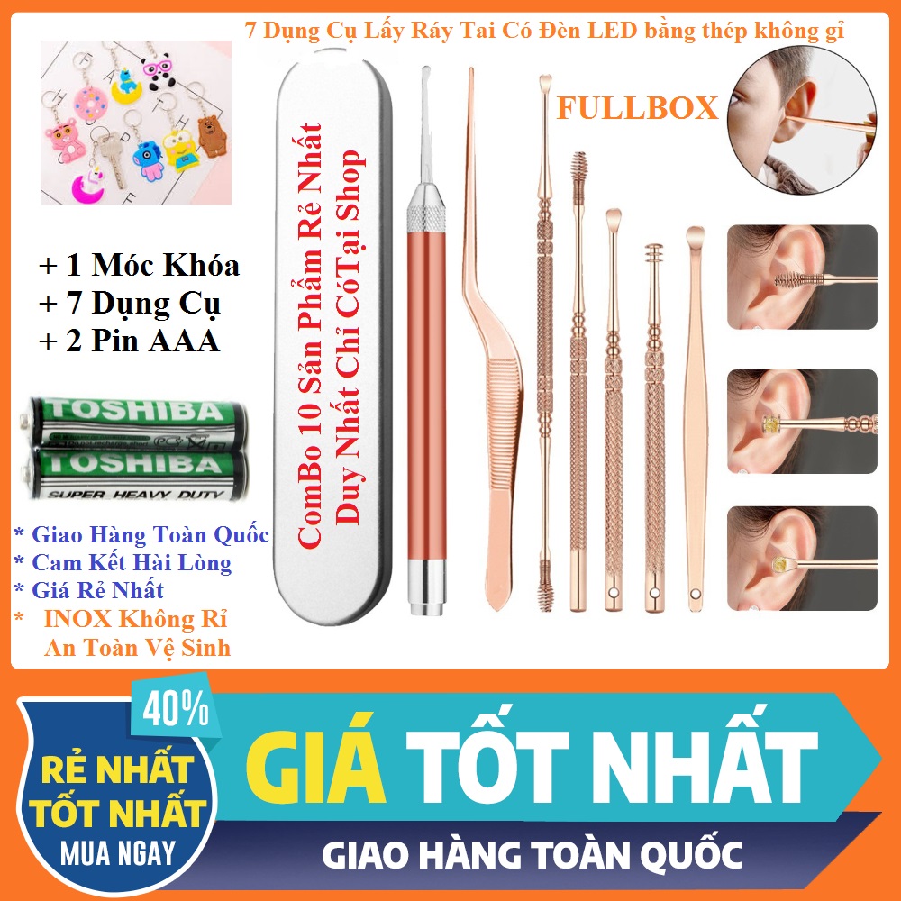 [ Rẻ Quá Trời ] Bộ 7 Dụng Cụ Lấy Ráy Tai Có Đèn LED Bằng Thép Không Gỉ Vàng Hồng Chất Lượng Cao [ FULLBOX ] Tặng Kèm 2 Pin AAA + 1 Móc Khóa Ngẫu Nhiên [ Chính Hãng ]