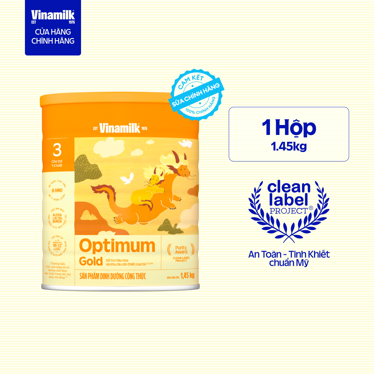 Sữa bột Vinamilk Optimum Gold 3 - Hộp thiếc 1450g (cho trẻ từ 1 - 2 tuổi) - Sữa công thức giúp Tăng