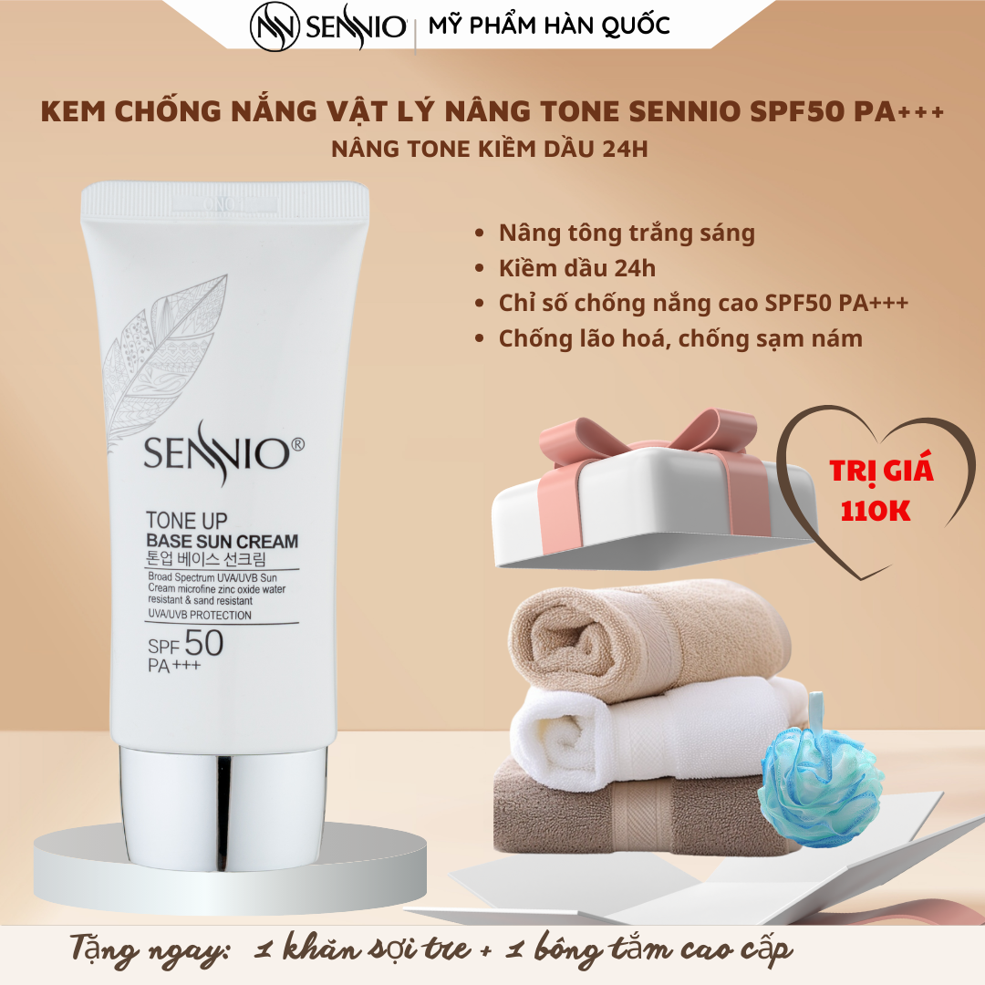 Kem chống nắng vật lý kiềm dầu 24h spf50 pa+++ nâng tông 50g sennio tone up base sun cream