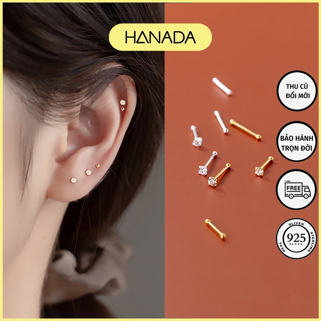 Bông Tai Bạc Nguyên Chất 999 Hanada Giữ Lỗ Đính Đá Đầu Bi Bông Nụ Không Đeo Chuôi Nam Nữ