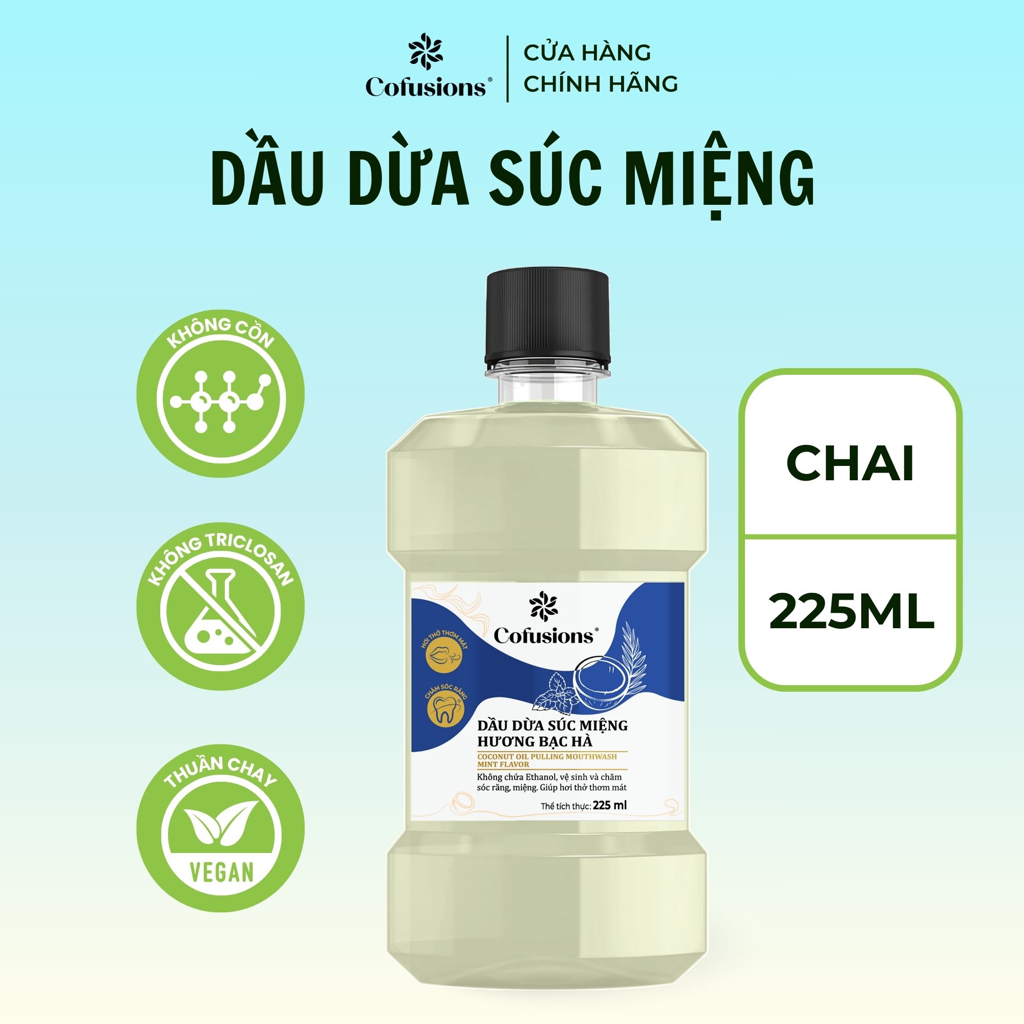 [NHÃN MỚI] Dầu dừa súc miệng Cofusions Hương Bạc Hà thơm mát chai 225ml