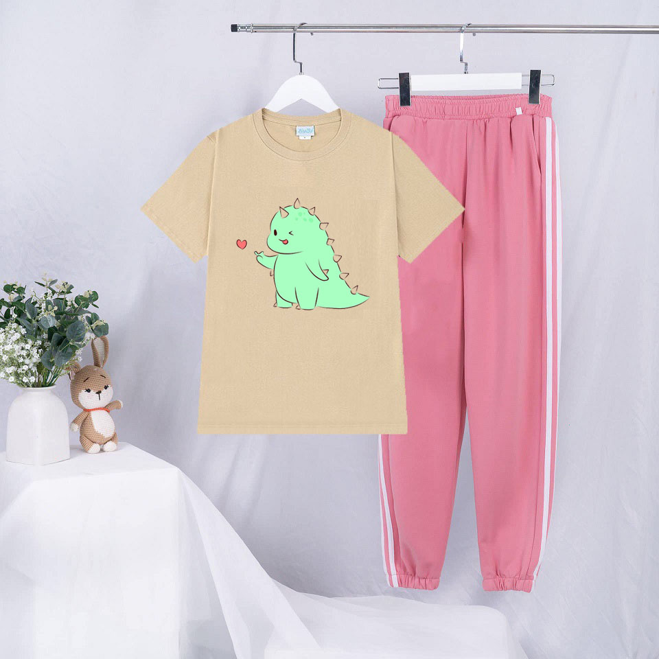 Sét Bộ Đồ Quần Áo Thời Trang Uzlzzang Nữ Ngắn Tay Mùa Hè Siêu Xinh Cute Mặc Đi Chơi Dạo Phố, Áo Da Cotton In Hoạt Hình 3D Khủng Long Búng Tim Kèm Quần Thun Sọc Bo Gấu Phong Cách