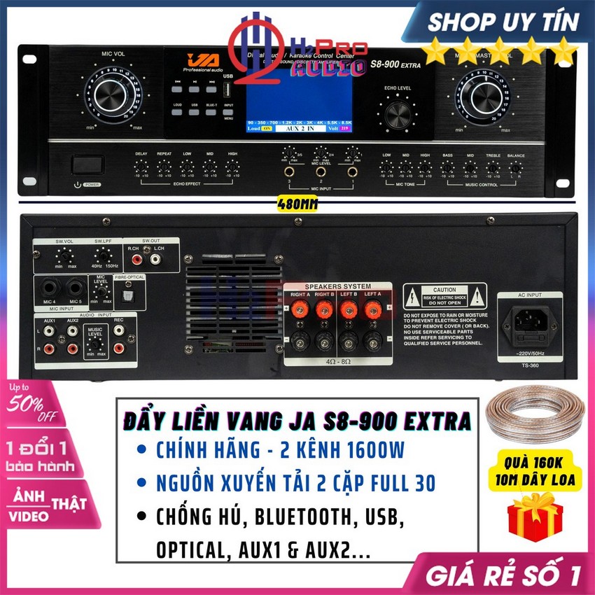 Cục Đẩy Liền Vang JA S8-900 Extra 2 Kênh 1600W-Nguồn Xuyến Tải 2 Cặp Full 30, Bluetooth, Usb, Optical, Aux1-2...Chống Hú Rít Tốt -H2Pro Audio