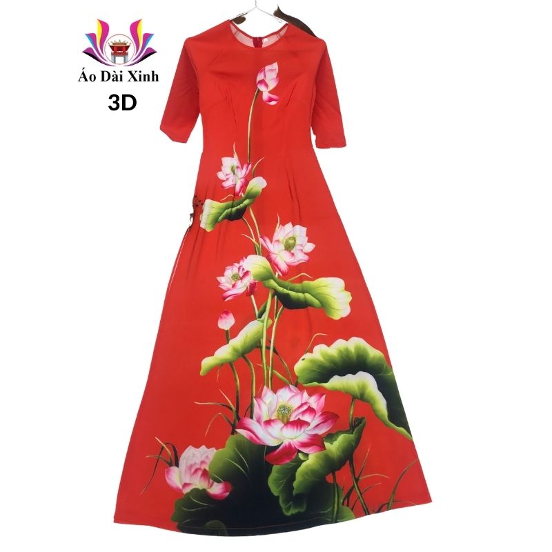Áo dài truyền thống in 3D lụa Nhật cổ tròn tay lỡ màu đỏ hoa sen.
