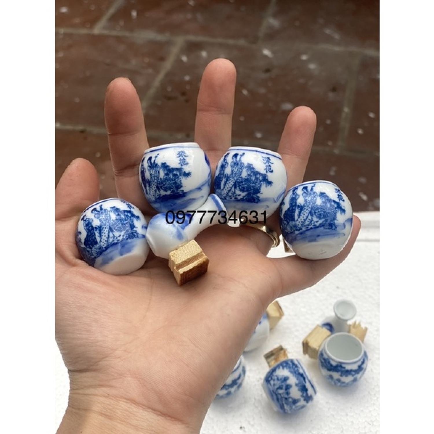 Bộ 5 chiếc cóng sứ tai tre đục triện phụ kiện lồng chim vành khuyên, hút mật ốc mít giá rẻ