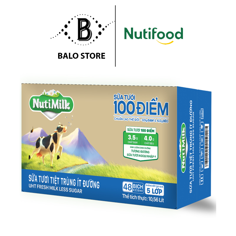 Thùng 48 bịch NutiMilk Sữa tươi 100 điểm - Sữa tươi tiệt trùng Ít đường Bịch 220ml TU.STIDB220LA - Thương Hiệu NUTIFOOD - BALO STORE