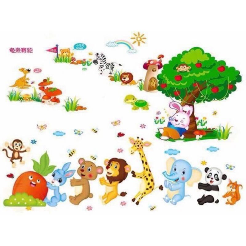 Decal dán tường thỏ ngồi gốc cây và thú nhổ cà rốt, sẵn keo dán