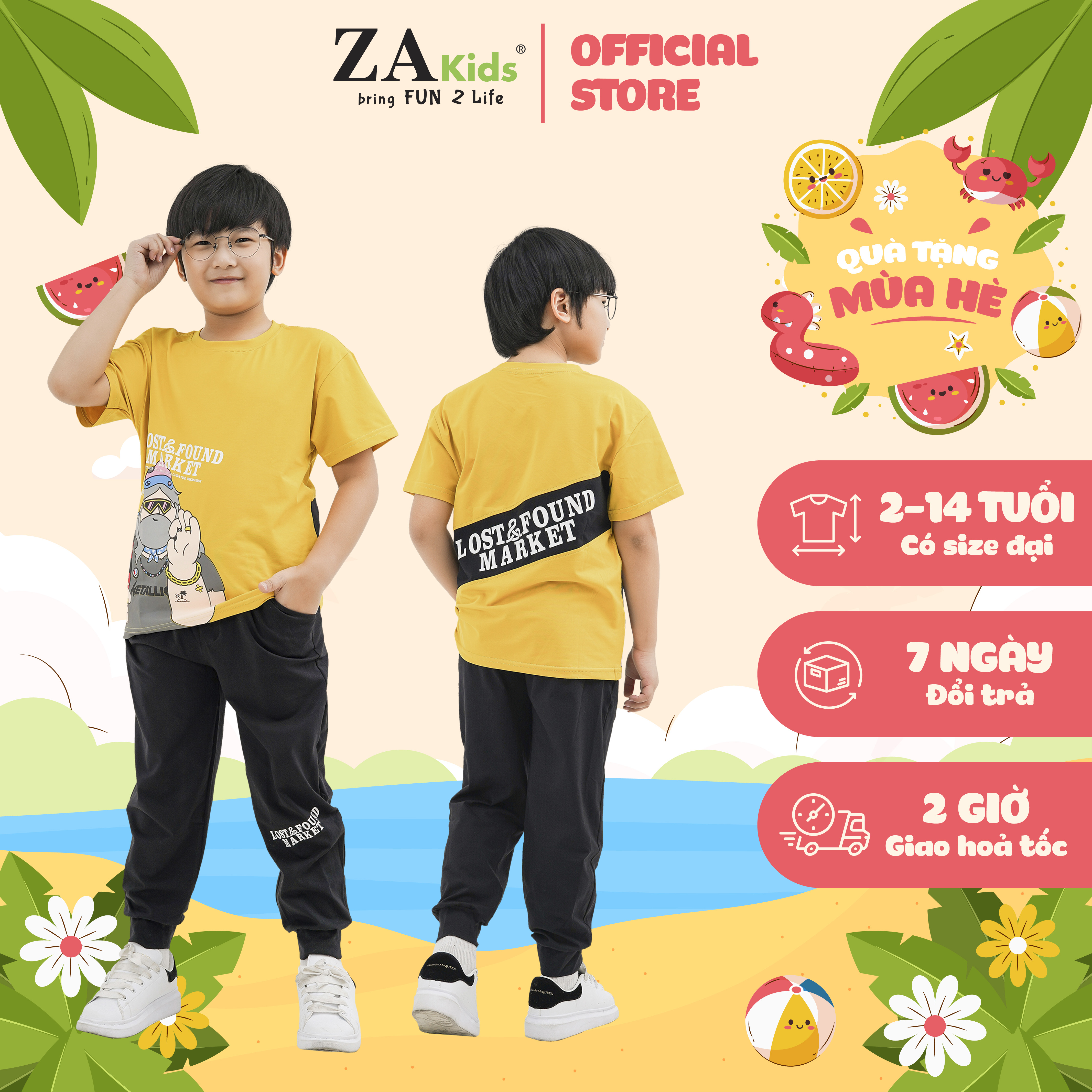 Bộ quần áo thun cotton tay ngắn quần dài bé trai zakids za22023tn. size 2-10 tuổi