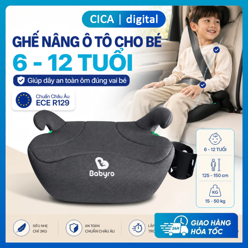 Ghế Ngồi Ô Tô, Ghế Nâng Chiều Cao Cho Bé 6-12 Tuổi Babyro Booster Plus - Siêu Nhẹ Êm Ái, Dễ Dàng Lắp Đặt