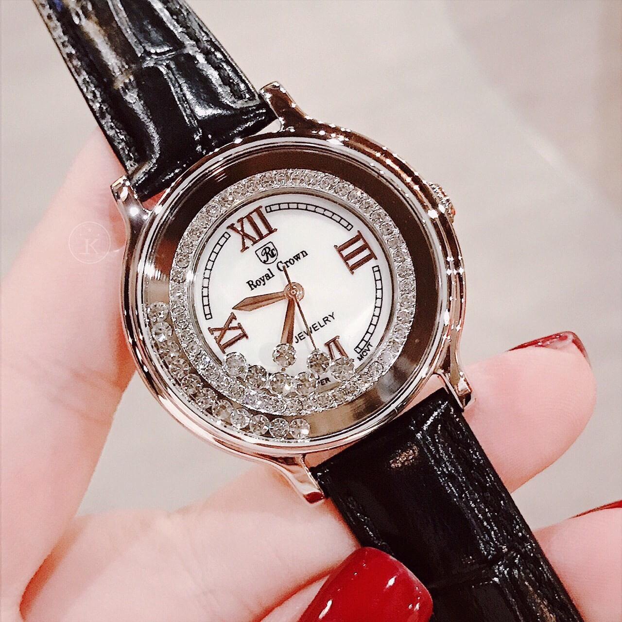 [HCM]Đồng hồ nữ Royal Crown vỏ Trắng (Silver) dây da màu Đen (Black) - size 34 mm