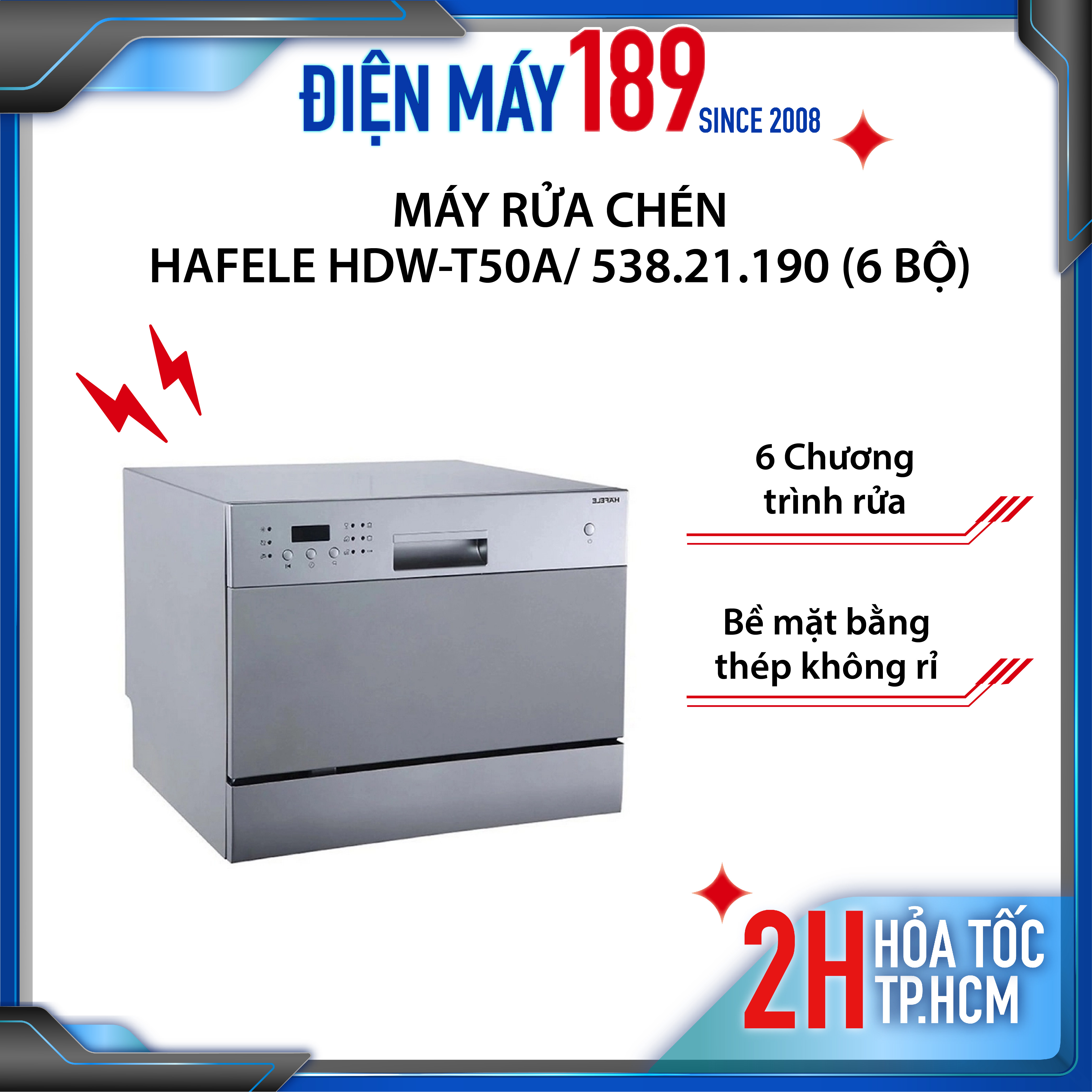 |trả góp + gift + freeship| máy rửa chén để bàn hafele hdw-t50a/ 538.21.190 , 6 chương trình rửa + chức năng sấy, công suất 1380w, điều khiển nút nhấn, hàng chính hãng, bảo hành 12 tháng - miễn phí vận chuyển hcm