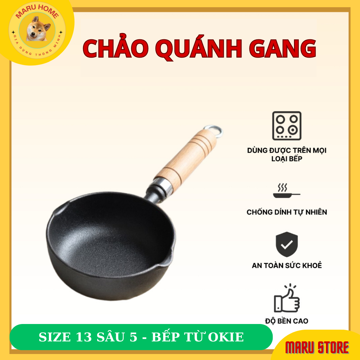 Chảo quánh gang size 13 sâu 5cm dùng được cho cả bếp từ