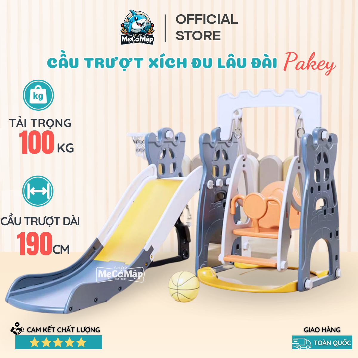 Cầu trượt xích đu Pakey tải trọng 100kg, Cầu trượt máng dài 190cm siêu dày dặn, chắc chắn