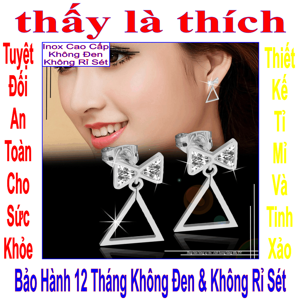 Bông tai nữ inox thấy là thích kiểu tòn ten chiếc nơ đính đá Zircon rớt tam giác - Cam kết 1 đổi 1 nếu hoen , gỉ sét