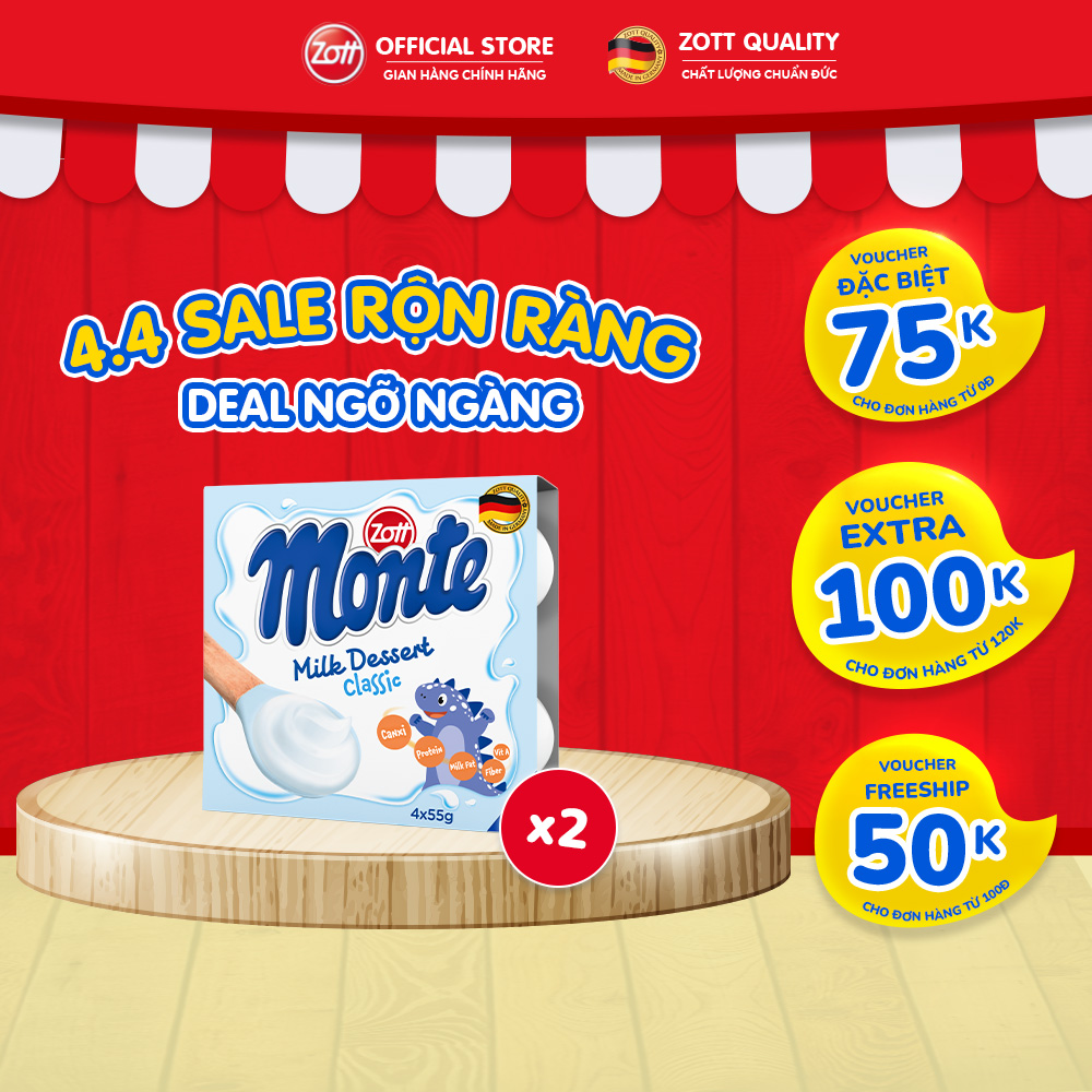 Giao Hoả tốc - COMBO 2 vỉ Váng sữa Zott Monte vị Classic nhập khẩu từ ĐỨC (vỉ - 55g x 4 hũ) từ Sữa tươi, KHÔNG chất bảo quản