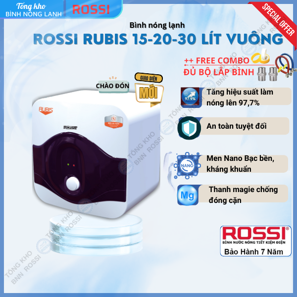 Bình nóng lạnh gián tiếp Rossi Rubis 15-20-30 LÍT VUÔNG - RR15-20-30 SQ, bảo hành 07 năm toàn quốc