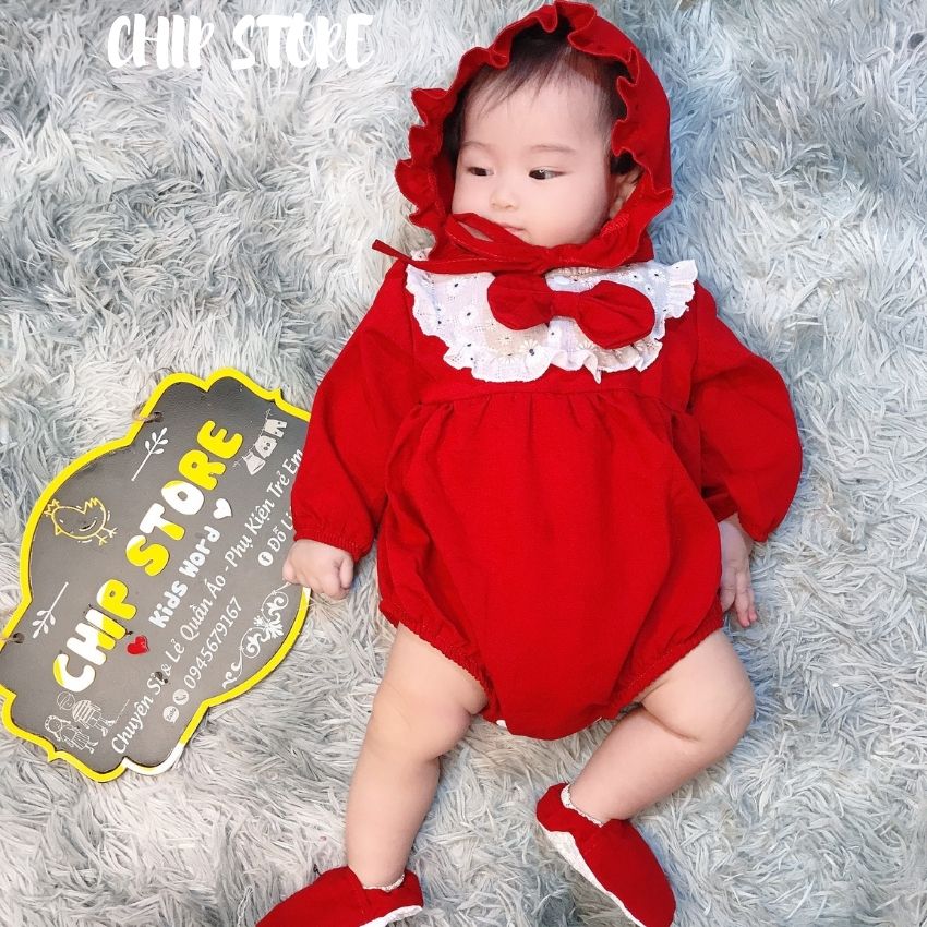[FREE SHIP] Body dài tay cho bé CHIP STORE Bodysuit màu đỏ sang chảnh cho bé mặc đầy tháng, noel, tết siêu đáng yêu Tặng kèm nón vớ