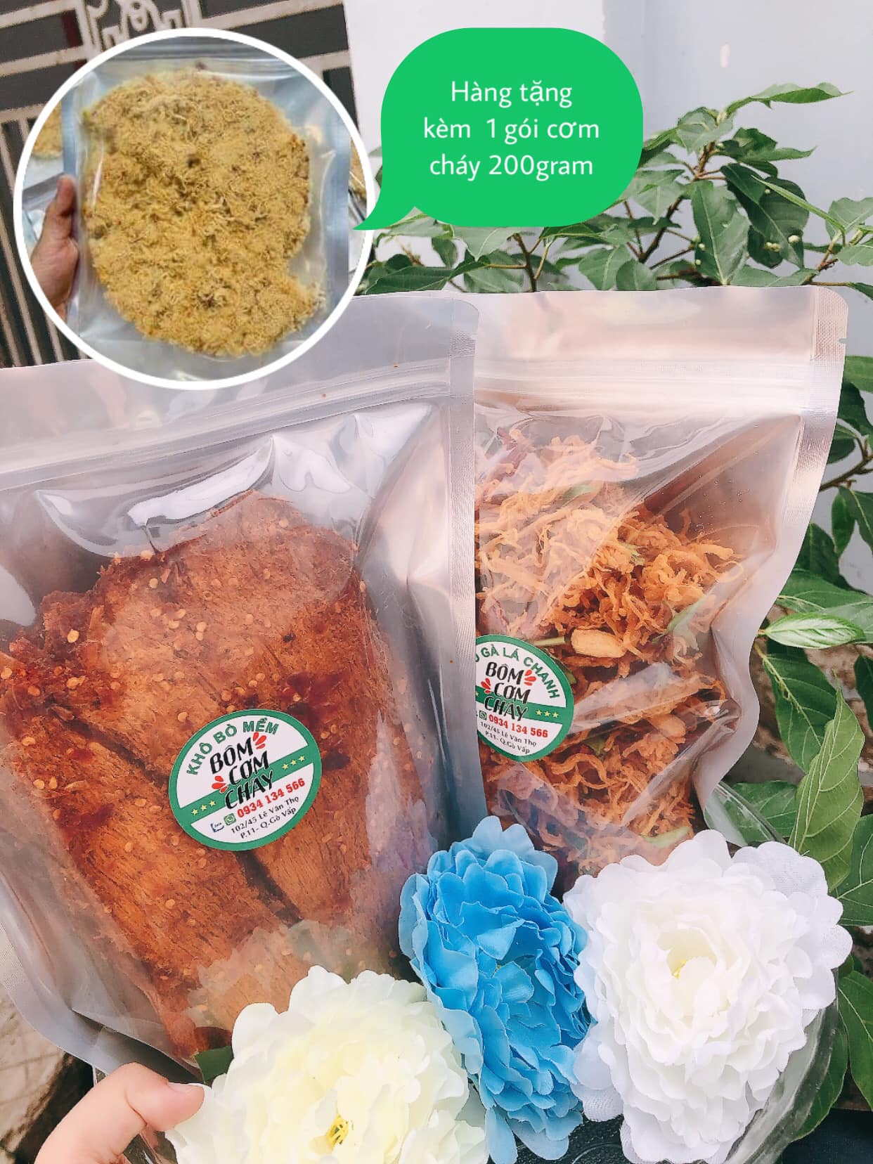 Combo 0.5kg khô gà lá chanh +0.5kg khô bò miếng thơm ngon_3HUY tặng 1 bịch cơm cháy 200gram